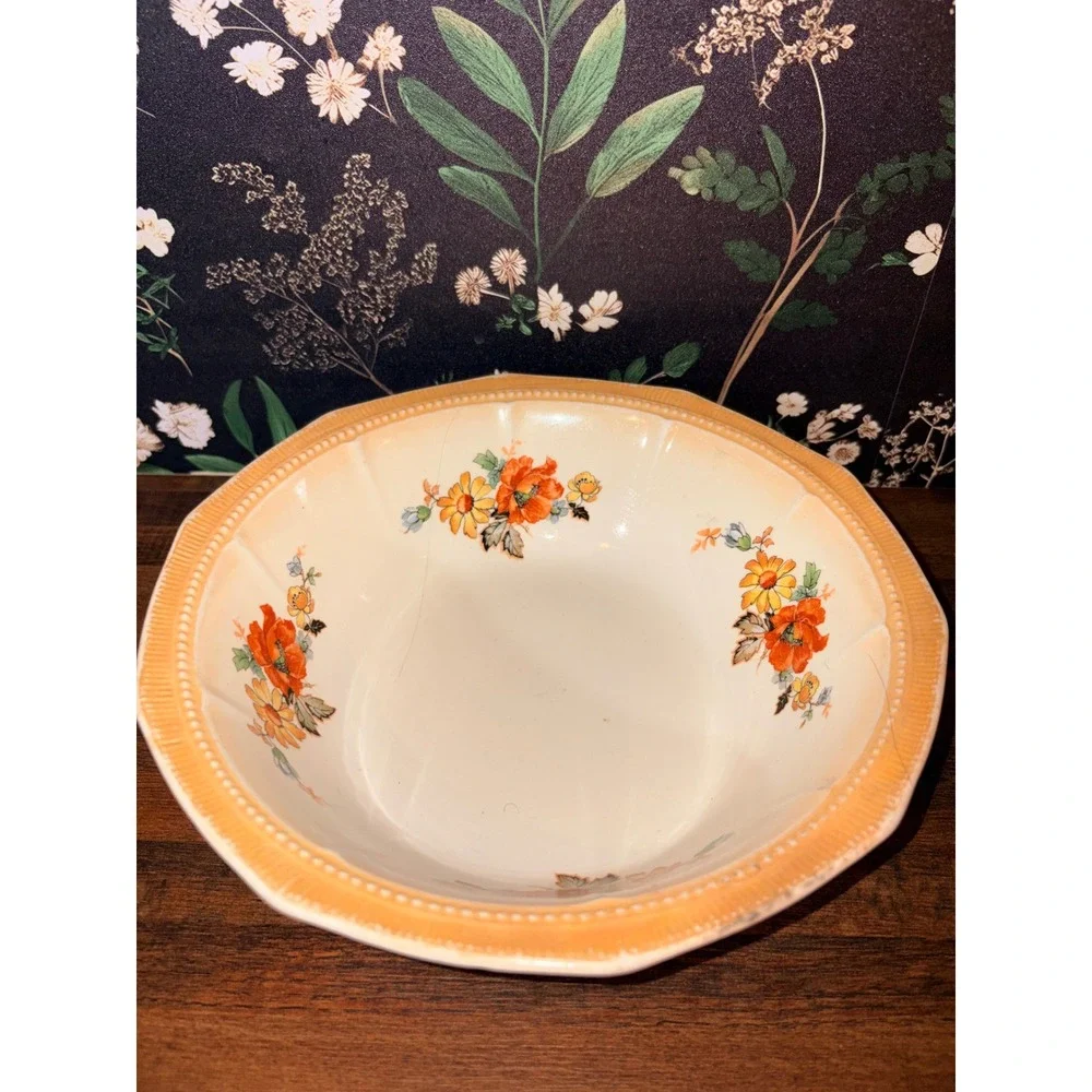 Vintage Crown Ivory Floral Serving Bowl Orange Poppies Octagonal 9 Inch